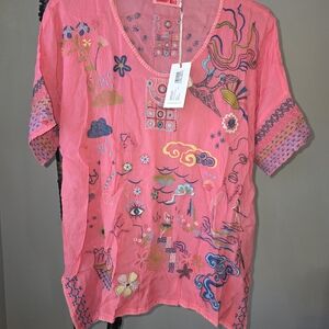 Johnny Was Pink Embroidered Blouse